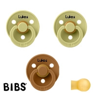 BIBS Colour Schnuller mit Namen, Gr. 2, 2 Meadow, 1 Caramel, Rund Latex, (3er Pack)
